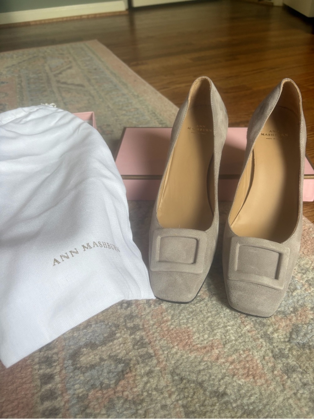 ANN MASHBURN Taupe Suede Square-Toe Pumps with Buckle Accent